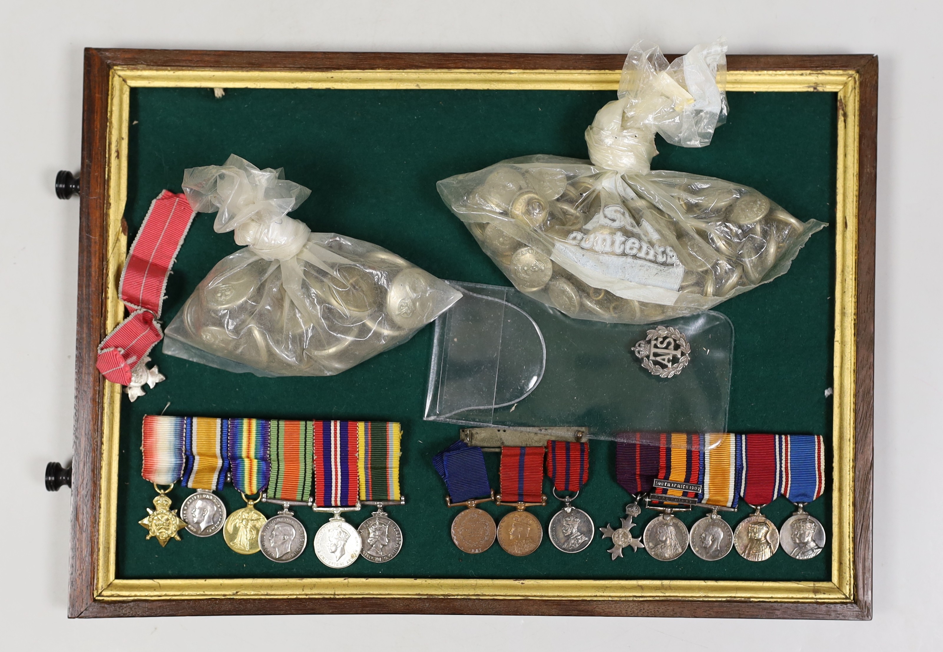A collection of miniature medals, Victoria to George VI, Civil Defence and Edward VI's military buttons etc